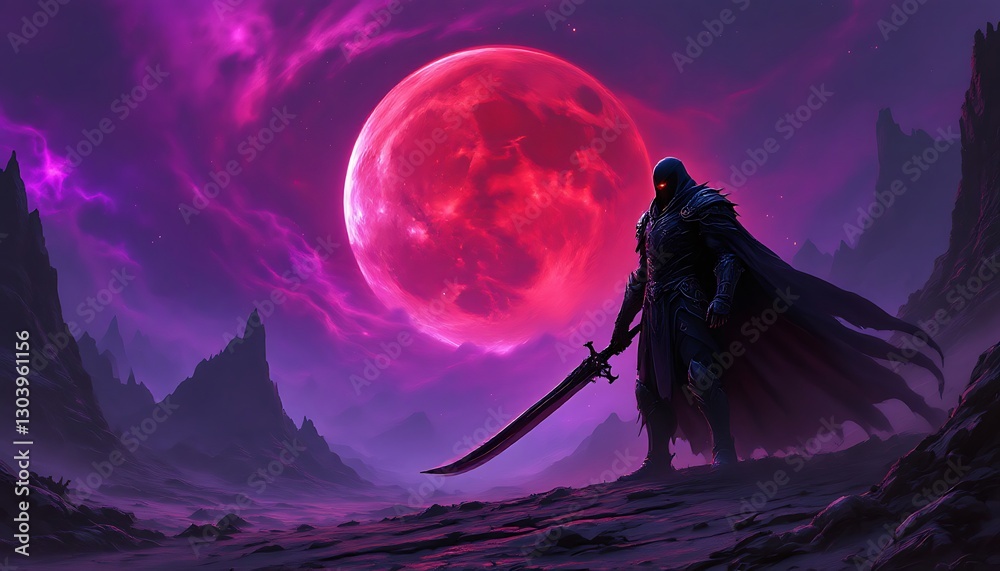 Fototapeta premium Crimson Knight Under Blood Moon: A Fantasy Epic