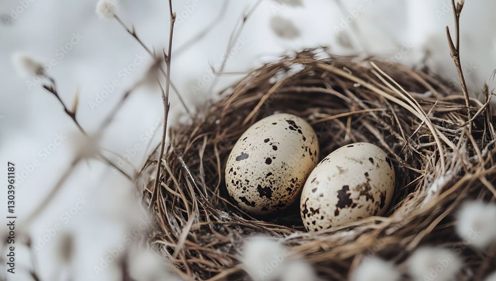 Winter bird eggs in nest, snowy branches Winter bird eggs in nest, snowy branches