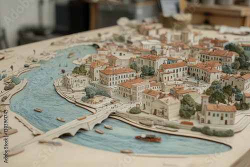 Detailed Architectural Model of Coastal City with River and Bridge