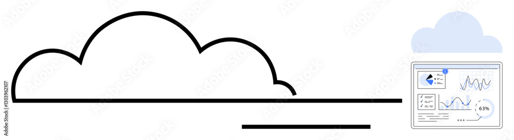 Cloud outline with lines evoking speed alongside analytics dashboard displaying charts and performance data. Ideal for technology, cloud computing, big data, analytics, business intelligence Cloud outline with lines evoking speed alongside analytics dashboard displaying charts and performance data. Ideal for technology, cloud computing, big data, analytics, business intelligence