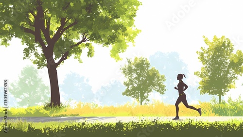 Silhouette Runner's Bliss: A graceful silhouette of a runner carves through a vibrant park on a beautiful day, embodying the freedom and energy of outdoor fitness.