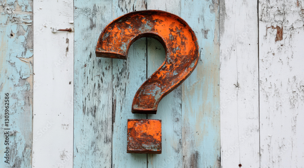 A rusty question mark mounted on a weathered wooden surface, symbolizing inquiry and curiosity. A rusty question mark mounted on a weathered wooden surface, symbolizing inquiry and curiosity.