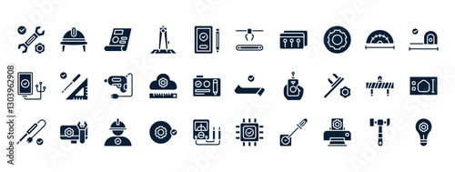 Collection of Engineering Icons Depicting Tools, Technology, and Design Elements in a Simple Modern Style with a Dark Background