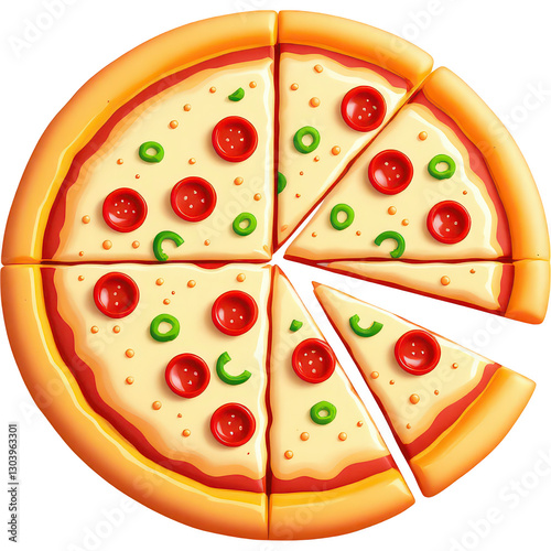 A vibrant 3D illustration of  pizza topped with pepperoni and green peppers, showcasing a glossy, cheesy surface and a golden, slightly crispy crust for a playful and appetizing look.