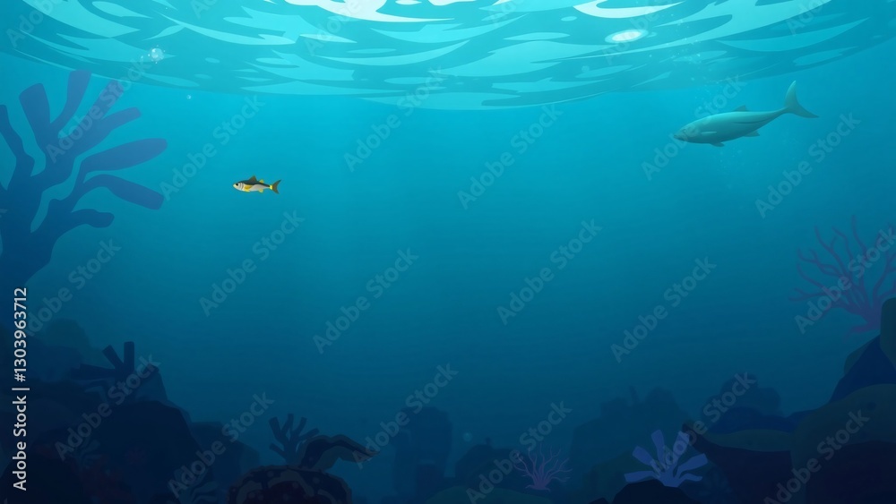 Fototapeta premium Serene Underwater Scene Two Fish Swimming Above Coral Reef