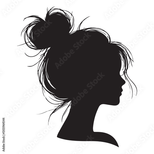 Female Profile Silhouette with Messy Bun Hairstyle Vector Illustration