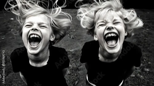 Joyful Screams: A black-and-white image capturing the unbridled joy of two young girls as they scream with laughter, their hair flying and faces contorted with pure glee. 