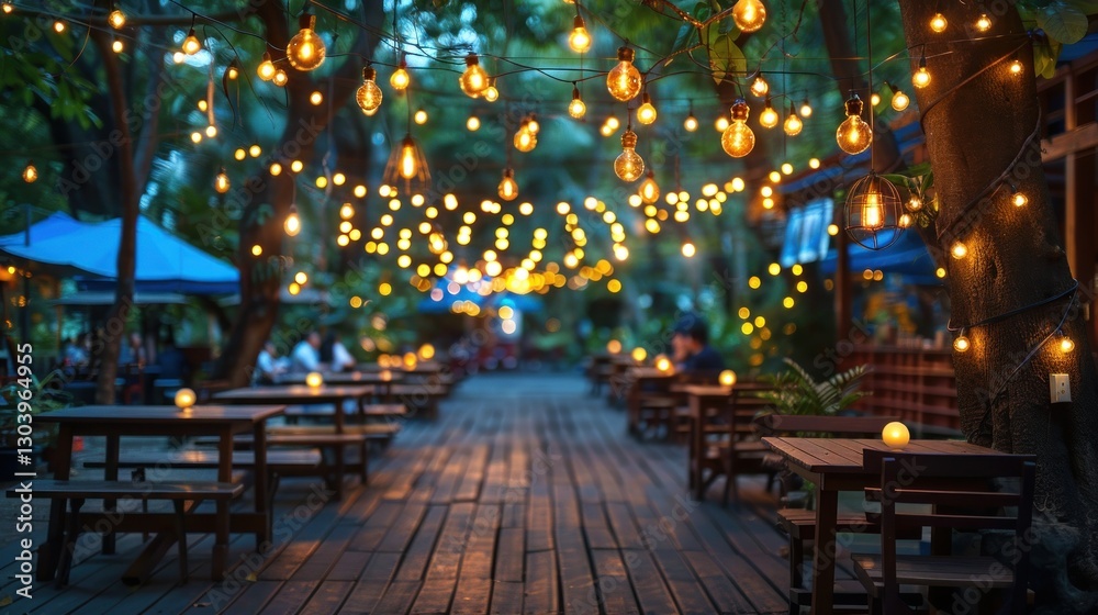 Outdoor dining area at night under string lights Outdoor dining area at night under string lights