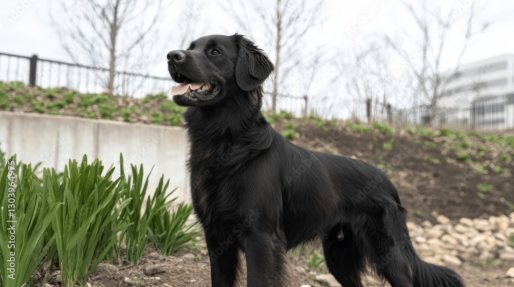 Black dog standing in park, spring Black dog standing in park, spring