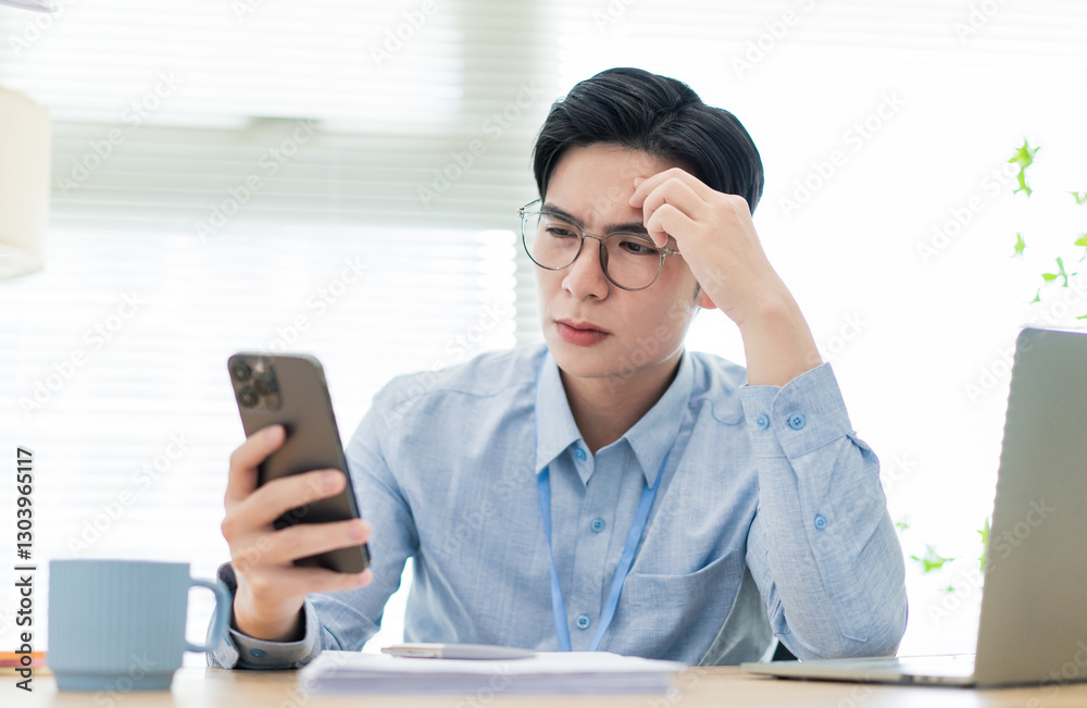 Man absorbed in thought while checking his smartphone in a modern workspace during daylight hours Man absorbed in thought while checking his smartphone in a modern workspace during daylight hours
