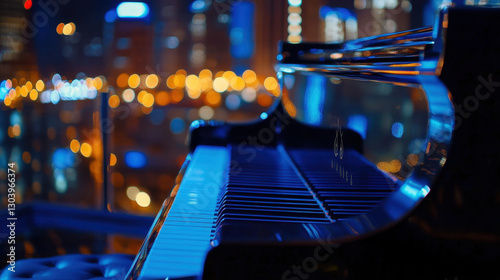 A grand piano in a rooftop setting with a cityscape at night