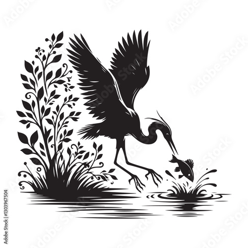 Heron Catching Fish Silhouette Illustration Vector Graphic Artwork Design