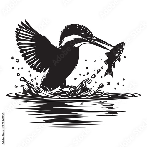 Kingfisher Catching Fish Illustration Vector Wildlife Scene Design