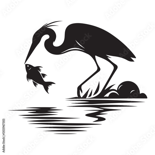 Silhouette Heron Catching Fish Near Water Vector Graphic Image