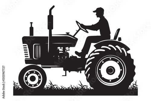 Vintage Tractor Silhouette with Farmer Working on a Sunny Field