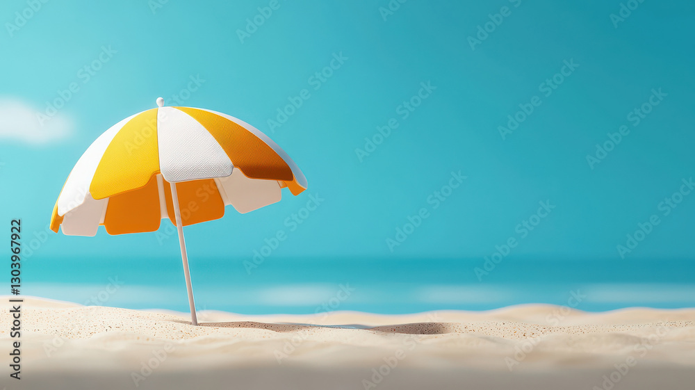 vibrant yellow and white beach umbrella stands on sandy beach under clear blue sky, evoking sense of summer relaxation and leisure vibrant yellow and white beach umbrella stands on sandy beach under clear blue sky, evoking sense of summer relaxation and leisure