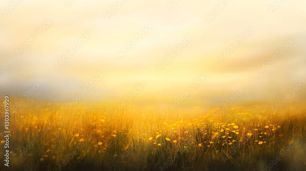 Obraz premium Soft focus sunset landscape with yellow flowers in field