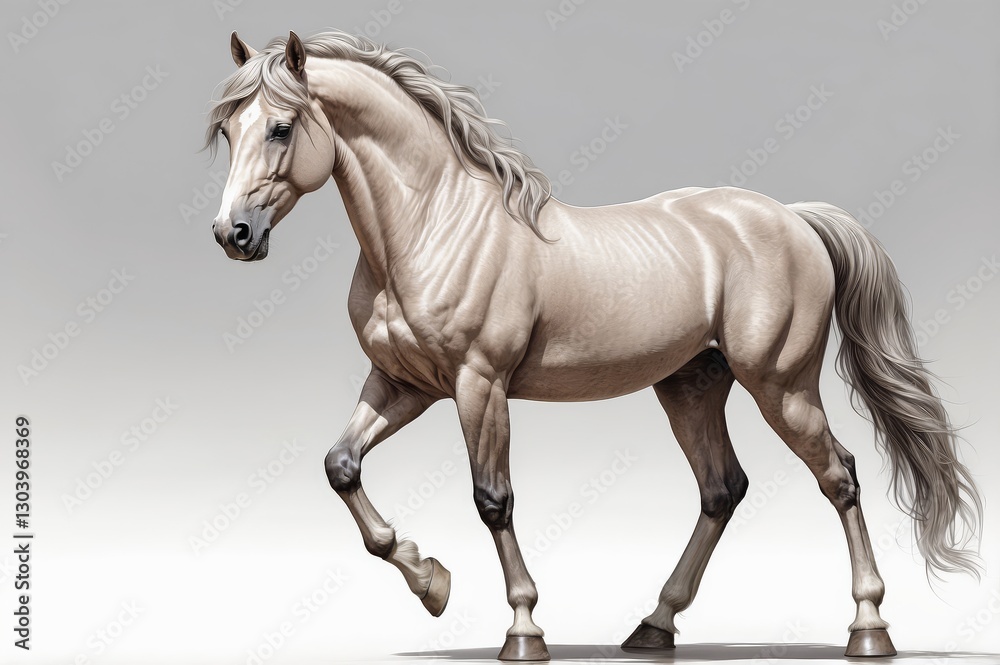 Obraz premium Majestic palomino stallion in elegant pose, showcasing its muscular build and flowing mane and tail against a neutral background.