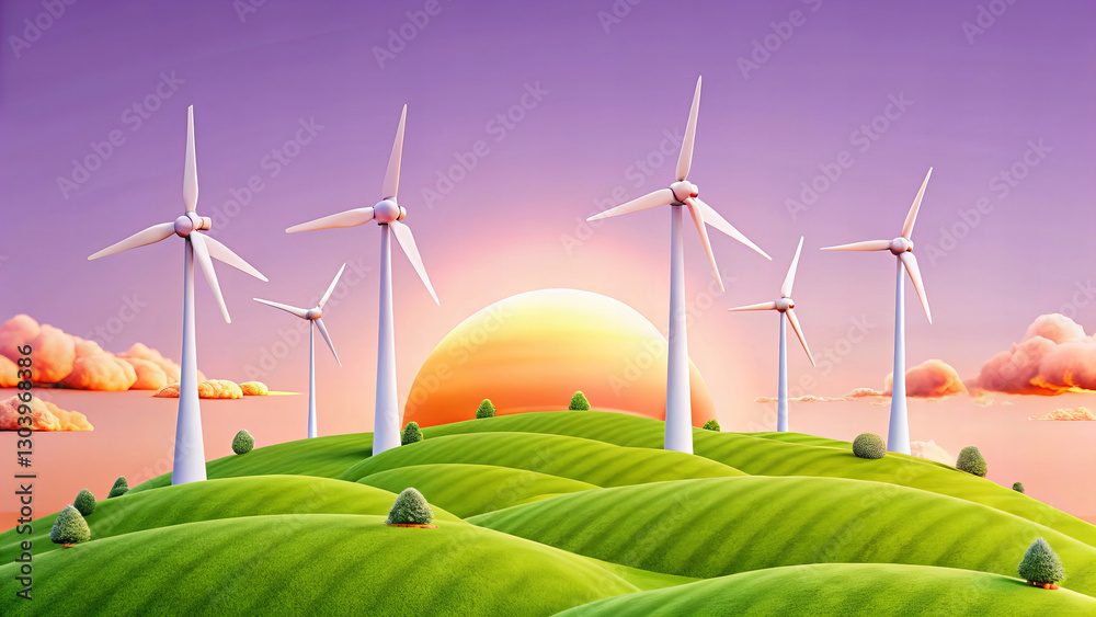 Fototapeta premium scenic view of wind farm on rolling green hills at sunset, showcasing renewable energy and nature beauty. vibrant colors create serene and hopeful atmosphere