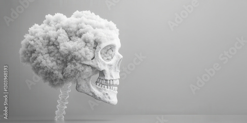 Eerie grayscale artwork of a skull with smoky cloud abstract art digital creation artistic space side view conceptual exploration