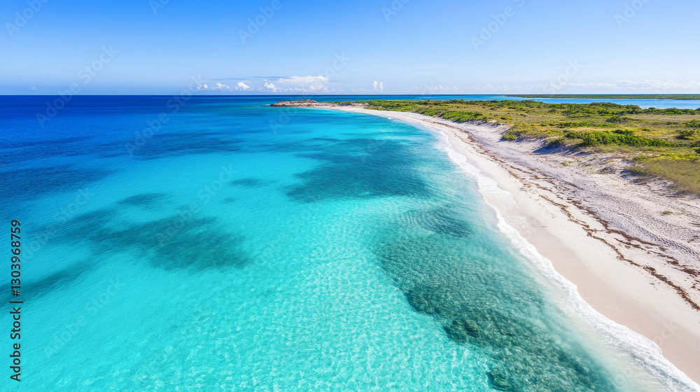 Fototapeta premium Aerial view of summer beach and blue ocean under clear sky