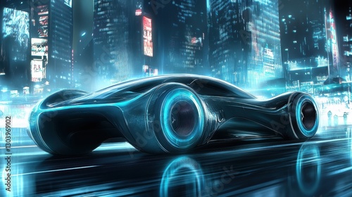 Futuristic Vehicle Racing Down A City Street With Neon Glowing Lights photo