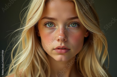 Portrait of a blonde with long hair. The girl is not smiling, looking at the camera, close-up.