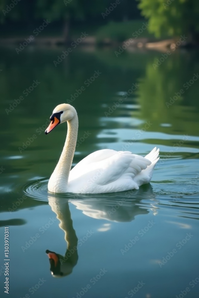 Graceful white swan glides across calm lake, reflections visible , swan, avian, pond Graceful white swan glides across calm lake, reflections visible , swan, avian, pond