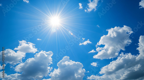 Bright blue summer sky with sun shining and fluffy clouds