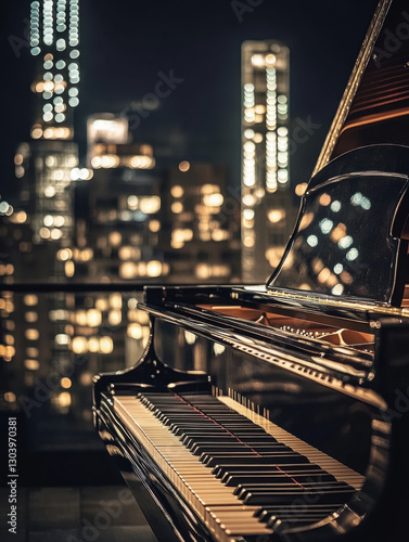 A grand piano in a rooftop setting with a cityscape at night