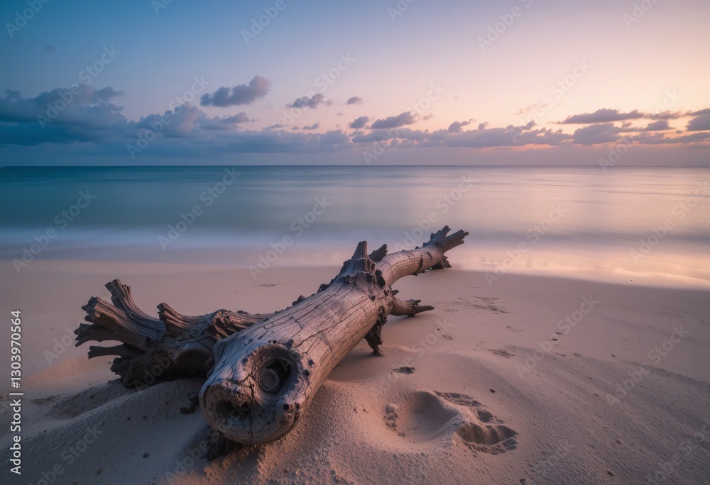 Tranquil Beach Scene. Driftwood On Shoreline, Soft Sunset Hues. Peaceful Waves. A Calming Twilight Scene. Beautiful Sandy Shore. Tranquil Beach Scene. Driftwood On Shoreline, Soft Sunset Hues. Peaceful Waves. A Calming Twilight Scene. Beautiful Sandy Shore.