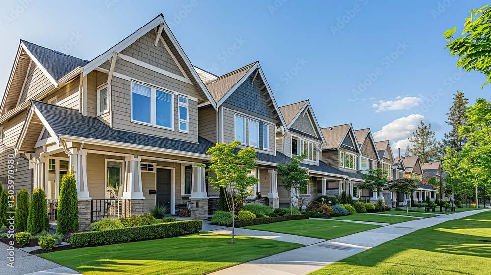 A row of modern houses on a sunny suburban street is displayed A row of modern houses on a sunny suburban street is displayed