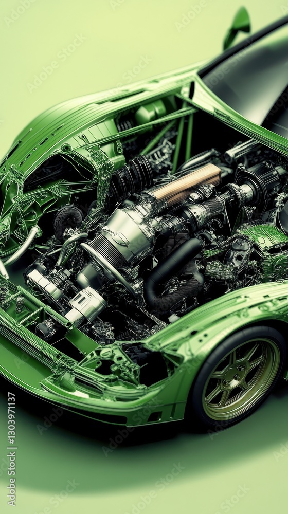 Fototapeta premium A detailed internal view shows the car engine and its mechanics