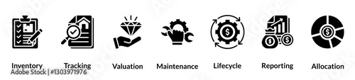 Asset Management glyph icon set. Inventory, Tracking, Valuation, Maintenance, Lifecycle, Reporting, Allocation