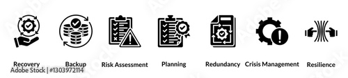Business Continuity glyph icon set. Recovery, Backup, Risk Assessment, Planning, Redundancy, Crisis Management, Resilience