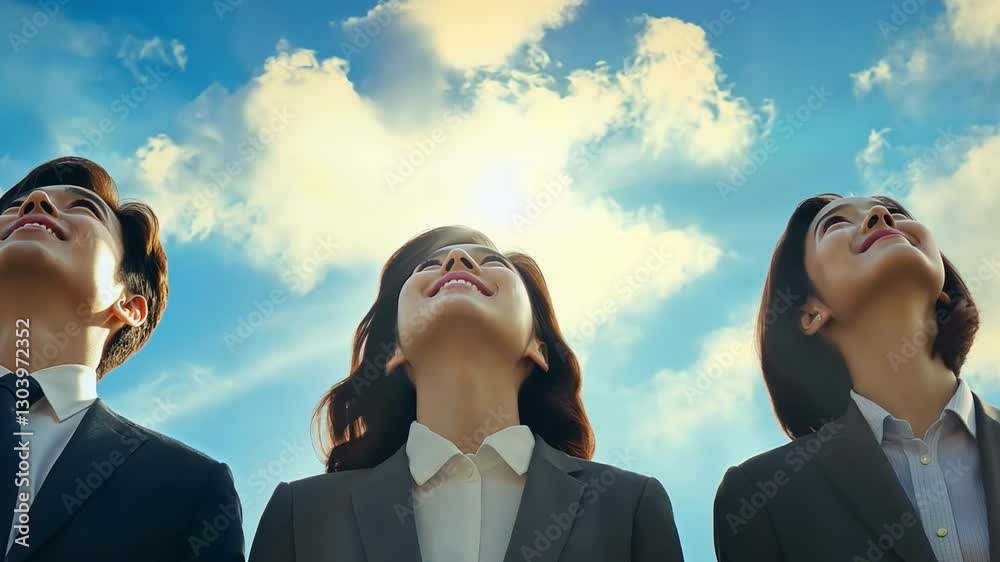 Skyward Gaze: Business professionals look up at the bright blue sky, expressing aspiration and optimism for the future. Skyward Gaze: Business professionals look up at the bright blue sky, expressing aspiration and optimism for the future.