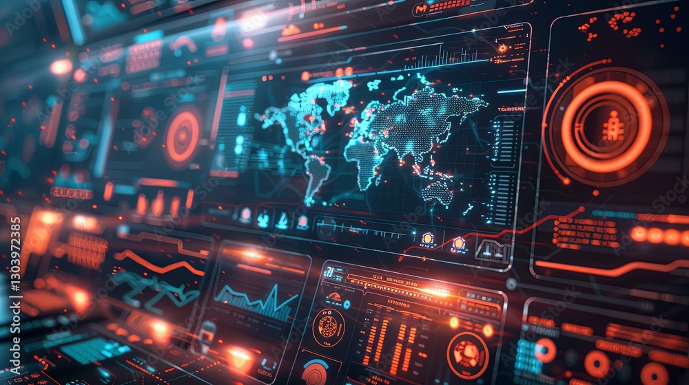 Futuristic digital interface displays data analysis and network visualization Futuristic digital interface displays data analysis and network visualization
