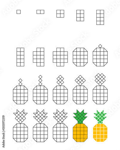 How to draw step by step? Worksheet easy guide to drawing cartoon pineapple.
