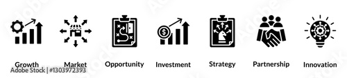 Business Expansion glyph icon set. Growth, Market, Opportunity, Investment, Strategy, Partnership, Innovation