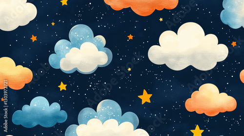 Whimsical clouds and stars create dreamy night sky pattern