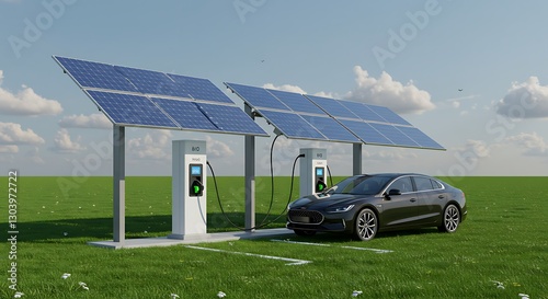 Charging Electric Car with Solar Power on Green Field Under Blue Sky photo