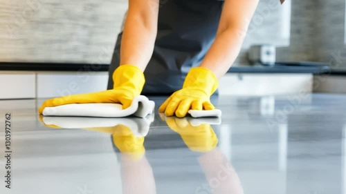 Cleanliness in Progress: A person wearing yellow gloves meticulously cleans a highly reflective floor, showcasing a dedication to hygiene and home maintenance.