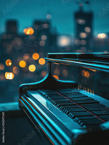 A grand piano in a rooftop setting with a cityscape at night