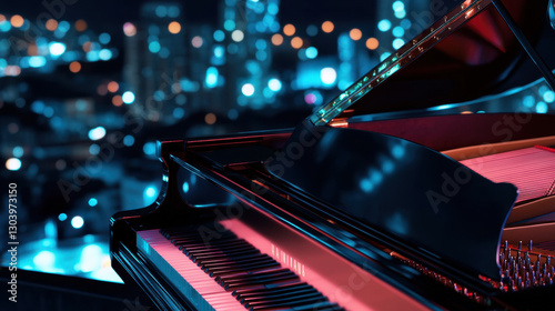 A grand piano in a rooftop setting with a cityscape at night
