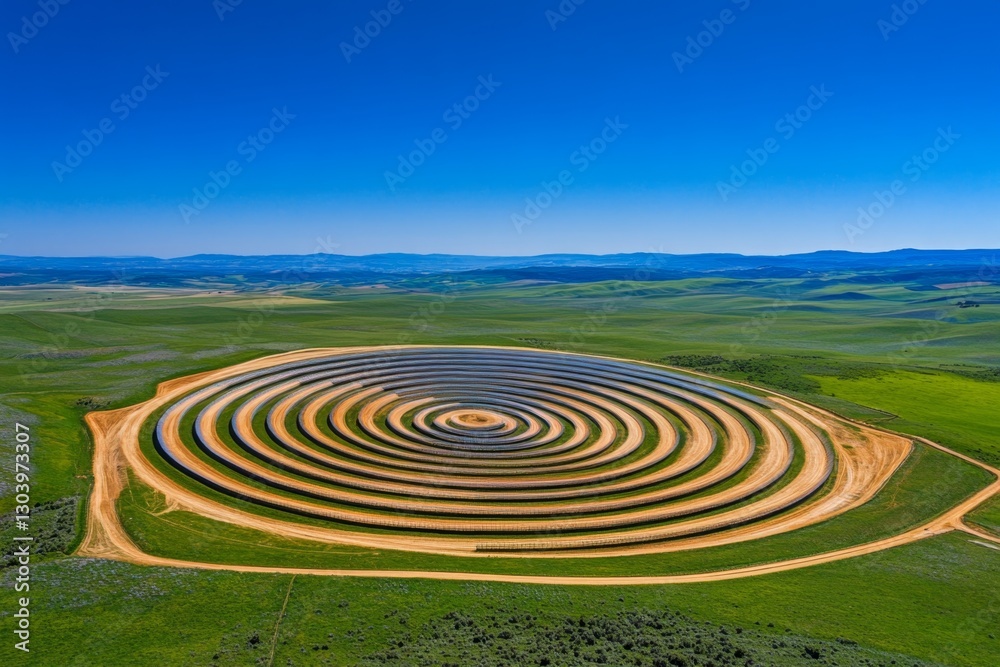 A breathtaking aerial view of a solar farm shaped like a giant sun, blending technology with nature A breathtaking aerial view of a solar farm shaped like a giant sun, blending technology with nature