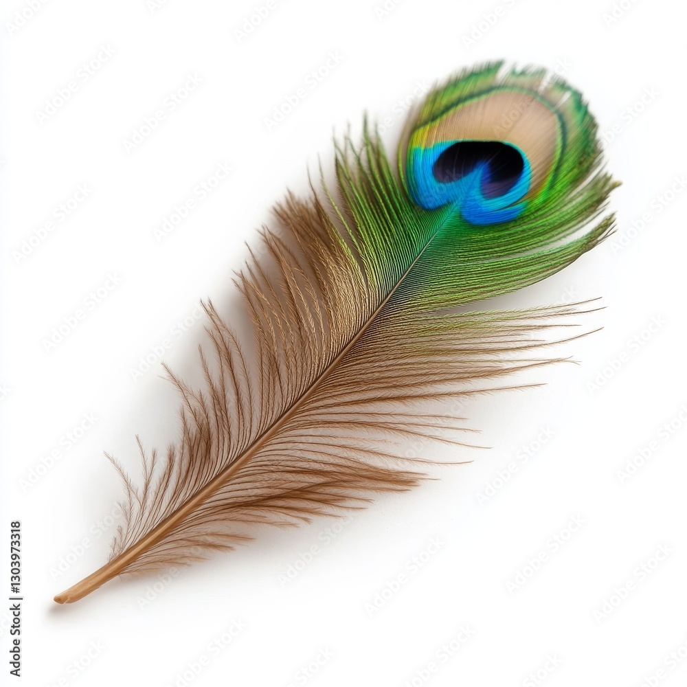 Obraz premium Peacock feather, close-up, white background