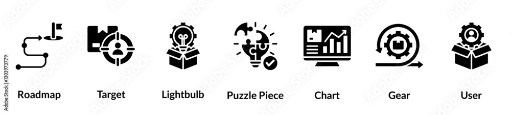 Product Management glyph icon set. Roadmap, Target, Lightbulb, Puzzle Piece, Chart, Gear, User Product Management glyph icon set. Roadmap, Target, Lightbulb, Puzzle Piece, Chart, Gear, User