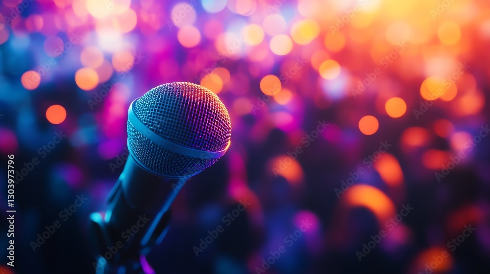 Vibrant digital scene of a microphone on a stand at a lively concert, with colorful orange, blue, and purple lighting. Perfect for music and event themes. Vibrant digital scene of a microphone on a stand at a lively concert, with colorful orange, blue, and purple lighting. Perfect for music and event themes.