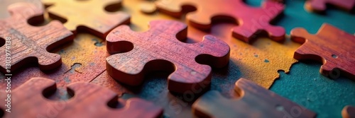 Intricate wooden puzzle pieces, vibrant hues, close-up , texture, accomplishment