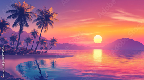 serene beach landscape with palm trees and vibrant sunset